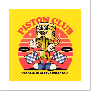 Piston club, piston mascot character with race flag Posters and Art